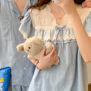 家居服套装 韩系ins纯棉提花情侣睡衣女夏季 短袖 甜美蕾丝薄款 男士