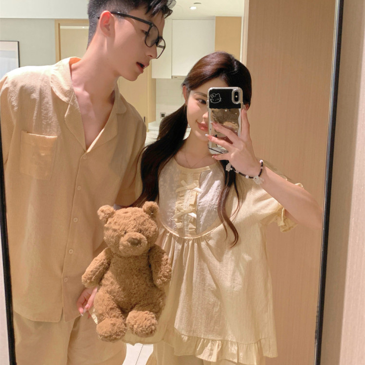 夏季短袖情侣睡衣女甜美蕾丝花边韩系条纹短裤纯棉男生家居服套装图片