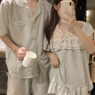 ins情侣睡衣女夏季 新款 纯棉麻花边格子睡裙短袖 可外穿家居服套装