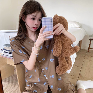 纯棉麻少女减龄家居服套装 睡衣女款 短裤 夏季 复古美拉德蝴蝶结短袖