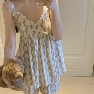 吊带甜美田园风碎花V领边睡裙家居服套装 韩系少女带胸垫睡衣夏季