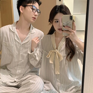 条纹情侣睡衣秋冬季一男一女纯棉麻甜美蕾丝蝴蝶结长袖家居服套装