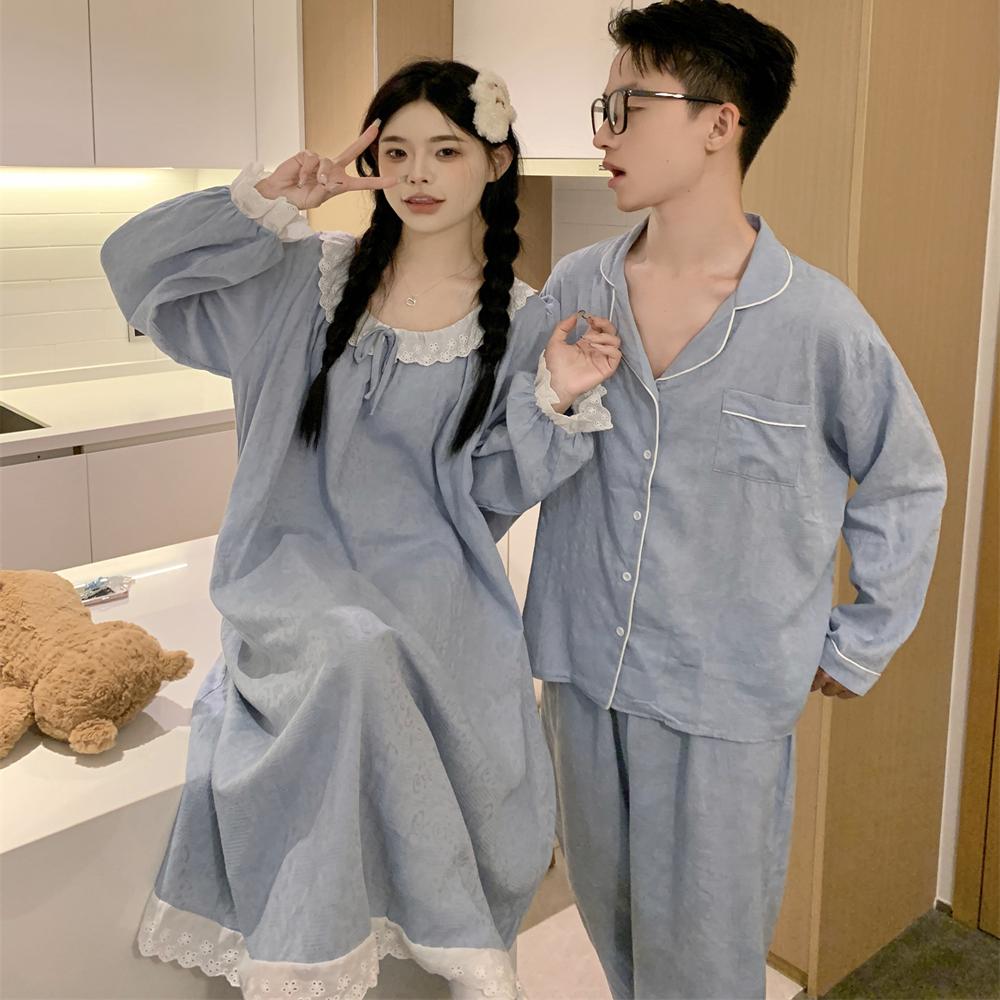 韩版情侣睡衣春秋款长袖纯棉提花甜美花边睡裙男女款家居服套装