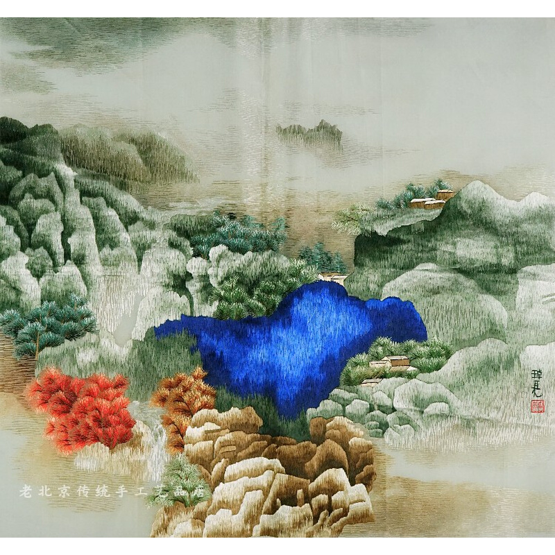 山水风景客厅玄关壁画特色礼品手工绣品老绣片手工刺绣苏绣装饰画图片