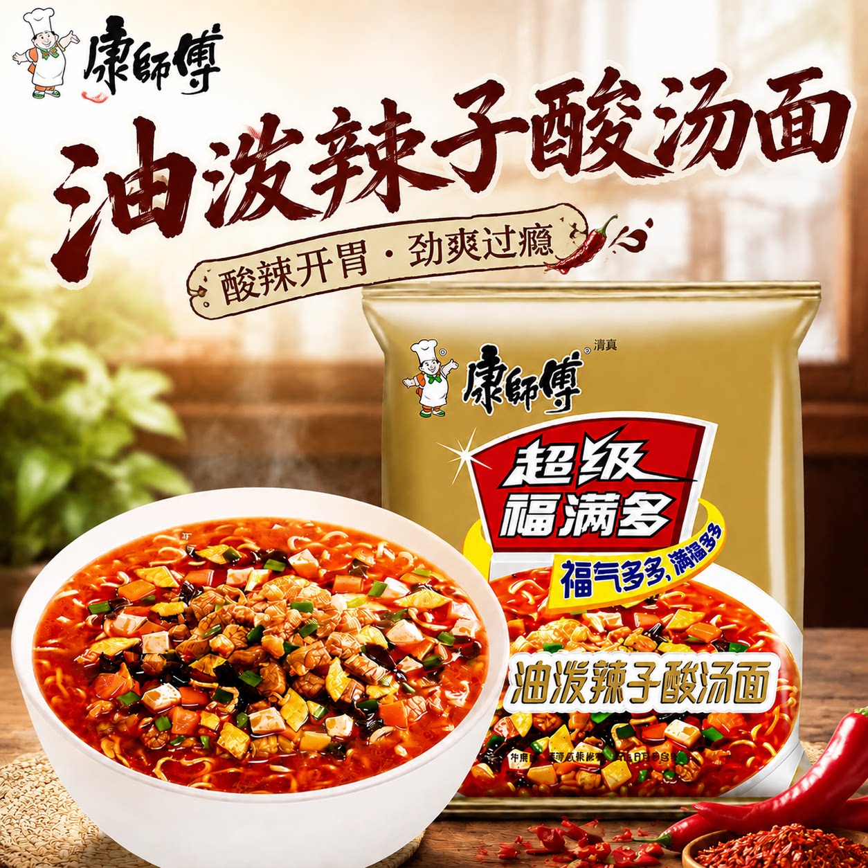 康师傅福满多油泼辣子酸汤面速食图片