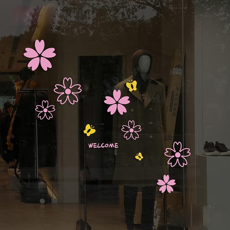 粉色蝴蝶樱花橱窗玻璃贴纸服装店网红春季可爱布景门贴画