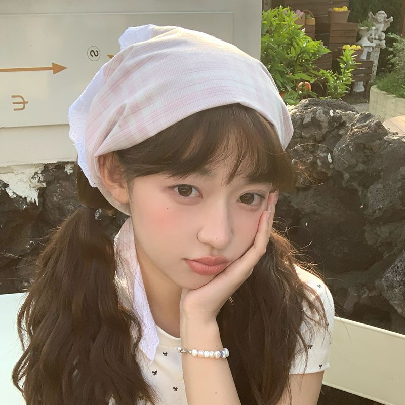夏季薄款发带丝巾头饰法式田园风蕾丝头巾女新款格子三角巾2025年