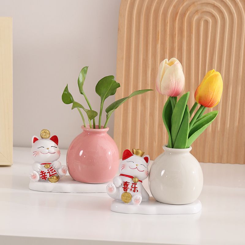 桌面发财猫小摆件客厅水培插花干花招财猫花瓶工艺品