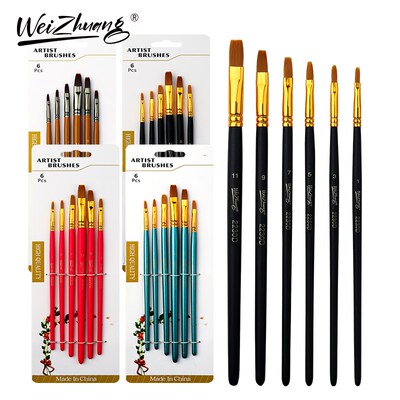 新款6支油画笔套装丙烯水彩颜料木杆笔美术生专用绘画排笔尼龙毛