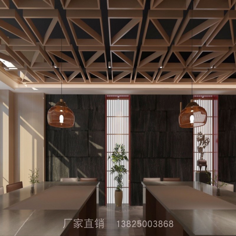 厂家定制异型铝方通网格吊顶 三角形木纹铝格栅 型材铝通网格天花