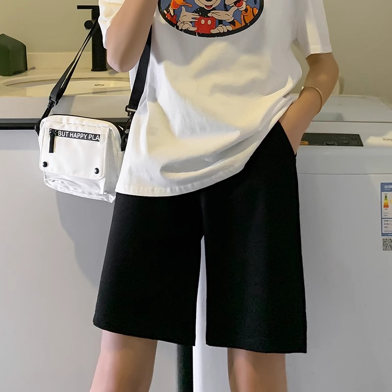 大码纯棉黑色运动短裤女夏季薄款外穿跑步五分裤休闲宽松直筒中裤