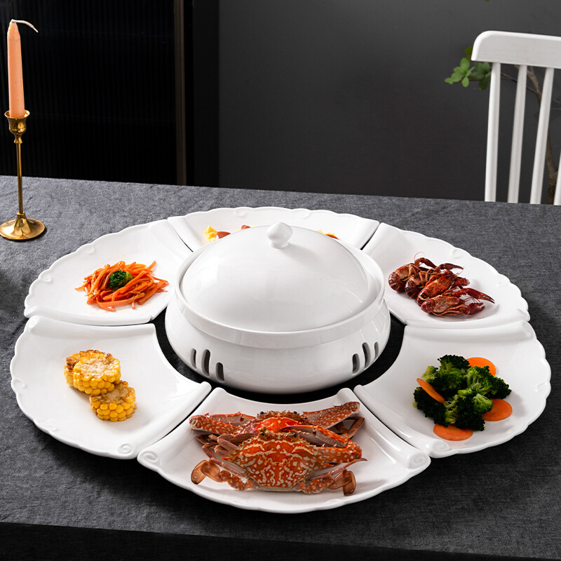 新款圆桌聚会纯白瓷拼盘过年火锅扇形摆盘家用菜盘团圆饭餐具套装