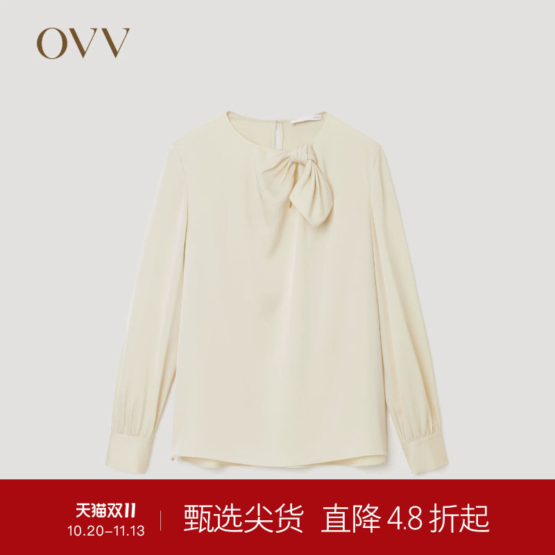 OVVOutlet秋冬热卖女装缎面醋酸肌理感圆领扭结设计长袖衬衫