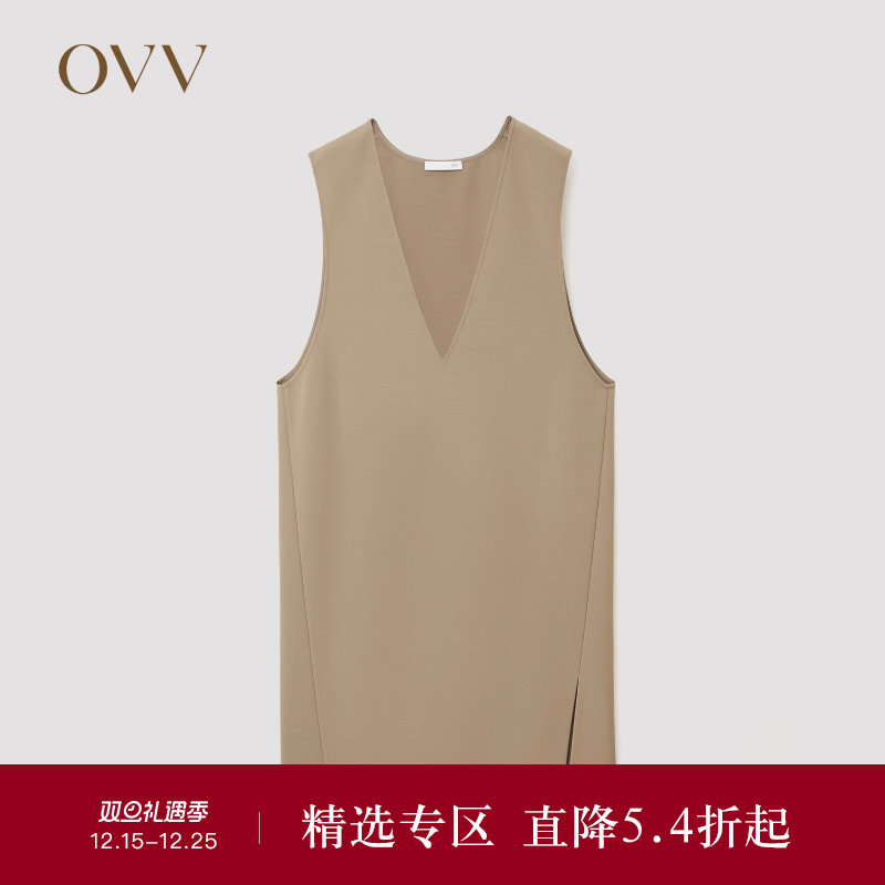 OVVOutlet秋冬热卖女装时尚深V领简约优雅羊毛背心连衣裙