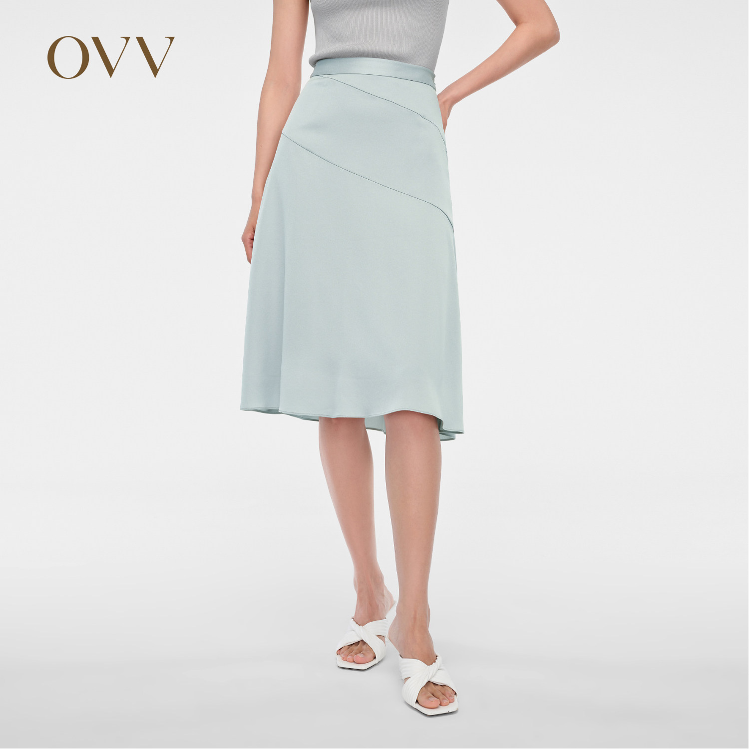 OVV春夏热卖女装醋酸混纺斜向分割设计感A字半身裙