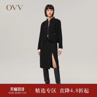 Outlet秋冬女日本进口H版 OVV 粗花呢 型侧开衩中长半裙 经典