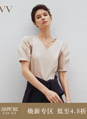 OVV春夏热卖女装空气洗匹马棉V领泡泡袖短袖套头衫上衣