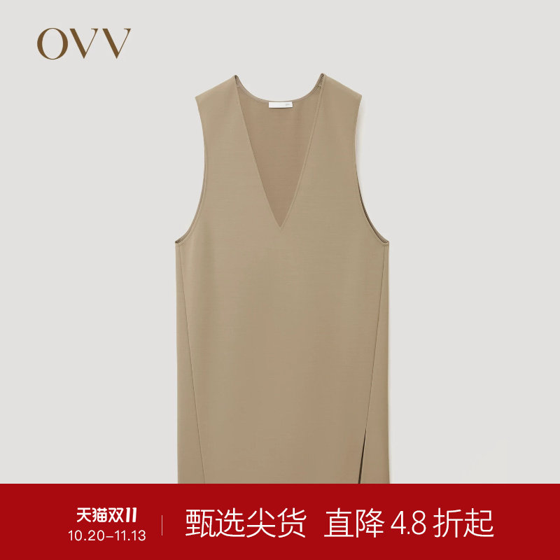 OVVOutlet秋冬热卖女装时尚深V领简约优雅羊毛背心连衣裙