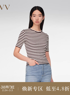 OVV春夏热卖女装丝棉混纺基础条纹圆领短袖针织衫