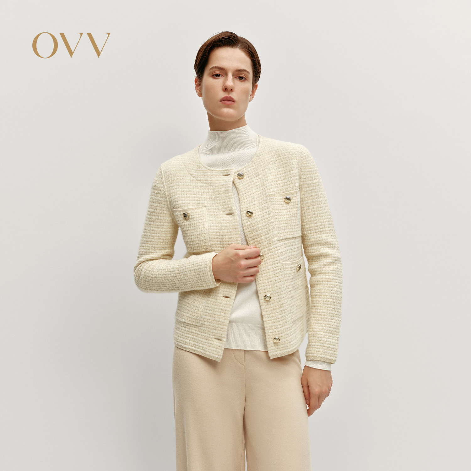 OVVOutlet秋冬热卖热卖女装时髦精致小圆领花纱羊毛针织开衫外套