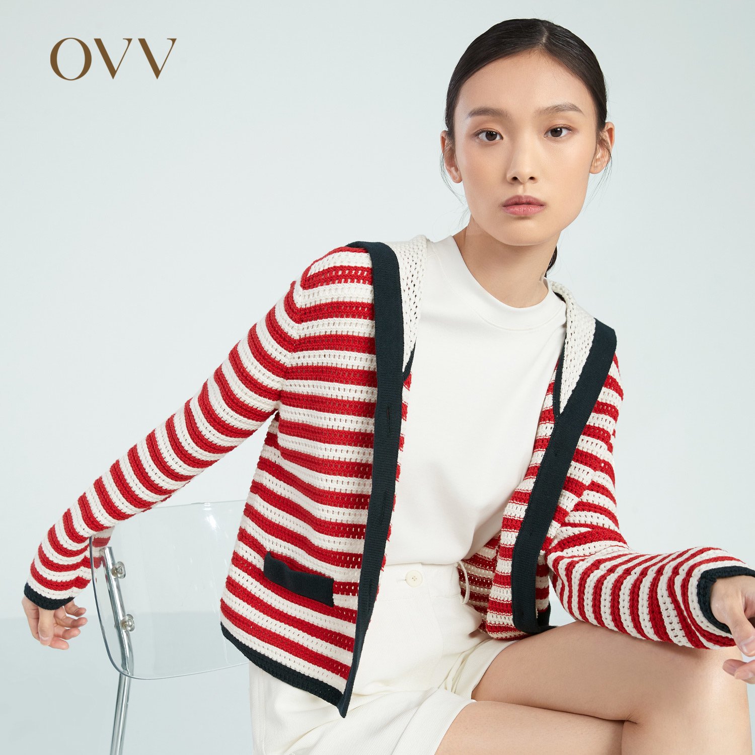OVV春夏热卖女装新疆棉条纹海军领法式风格针织外套
