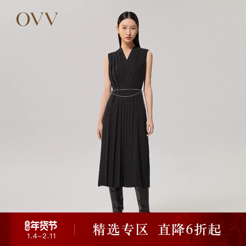 OVVOutlet【日本进口三醋酸】秋冬新女重工百褶小黑裙无袖连