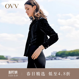 OVVOutlet秋冬热卖 精致压褶V领飘带休闲通勤丝绒衬衣 女装