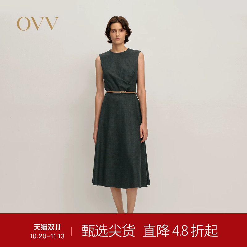 OVV秋冬热卖女装精致格纹精纺羊毛圆领休闲无袖连衣裙
