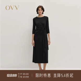 OVV2025秋冬新款女装优雅舒适圆领直筒随附腰带七分袖连衣裙