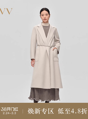 OVV秋冬热卖女装戗驳领配腰绳高支羊毛双面呢长款大衣