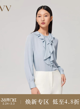 【重磅真丝】OVV Outlet秋冬女19姆米双乔荷叶边泡泡袖长袖衬衫