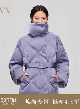OVV秋冬热卖女装光泽感缎面菱形格高领白鹅绒直筒羽绒服