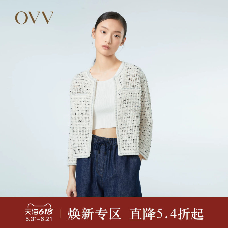 OVV春夏热卖女装轻薄棉麻花纱粗花呢七分袖休闲针织外套