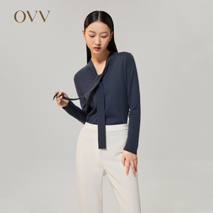 飘带平整服帖长袖 OVVOutlet秋冬女装 针织衫 鄂尔多斯羊绒