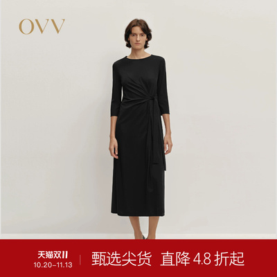 OVV秋冬热卖女装优雅舒适圆领直筒随附腰带七分袖连衣裙