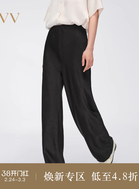 OVV春夏热卖女装基础易搭压花缎面简约直筒休闲长裤