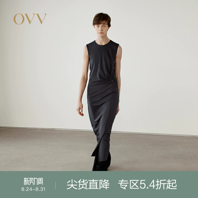OVV春夏热卖女装不对称抽褶设计圆领直筒无袖连衣裙