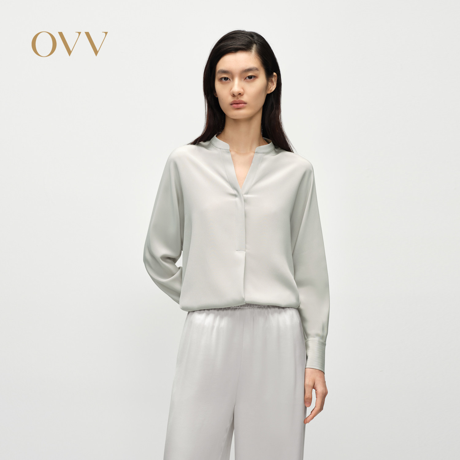 OVV2025春夏新款女装22MM弹力重绉V型小立领桑蚕丝长袖衬衫