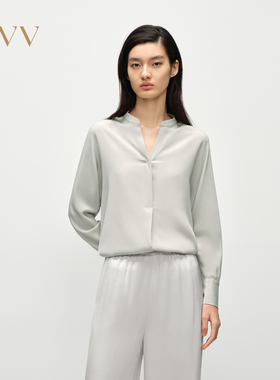 OVV2025春夏新款女装22MM弹力重绉V型小立领桑蚕丝长袖衬衫