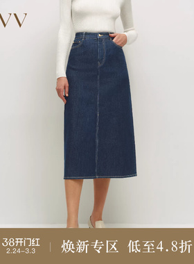 OVVOutlet秋冬热卖女装土耳其进口面料前中开衩牛仔半身裙