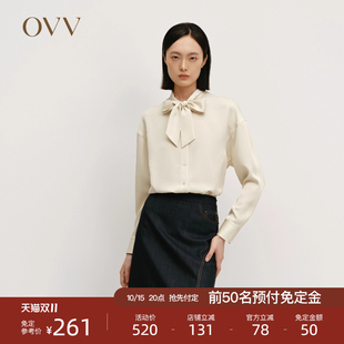 休闲衬衫 醋酸混纺优雅飘带大气长袖 女装 OVVOutlet2024秋冬新款