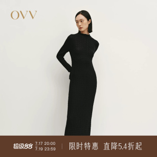 【黄金羊毛】OVVOutlet秋冬热卖女装高领撞色长袖针织连衣裙
