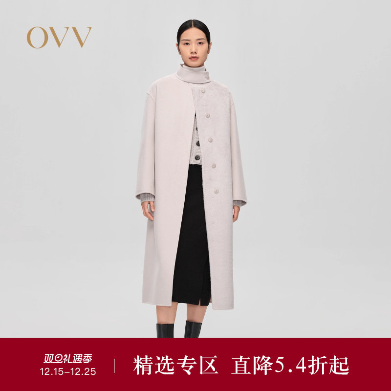 OVV秋冬热卖女装羊毛双面呢拼环保皮草配腰带长款大衣