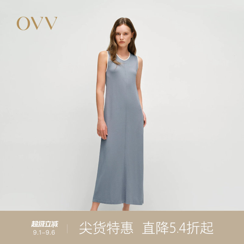 OVV春夏热卖女装撞色卷边圆领直筒无袖针织连衣裙