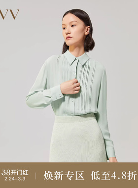 【重磅真丝】OVV秋冬女装19姆米双乔翻领百褶长袖衬衫