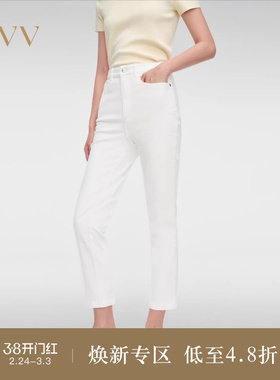 OVV春夏热卖女装意大利进口面料经典简约直筒白色牛仔裤