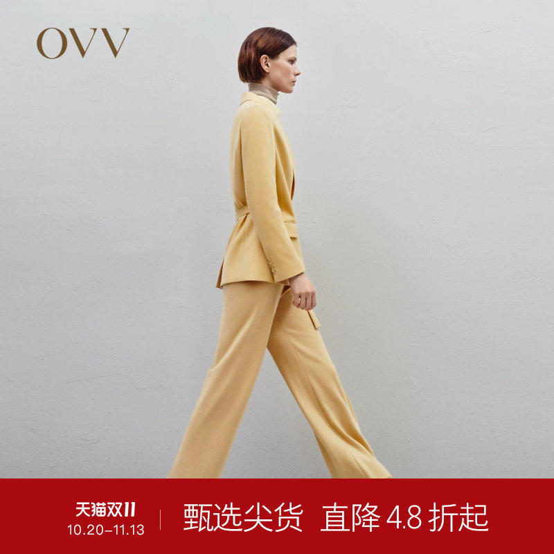 OVVOutlet秋冬热卖女装针织羊毛不对称系带设计女套装西服外套