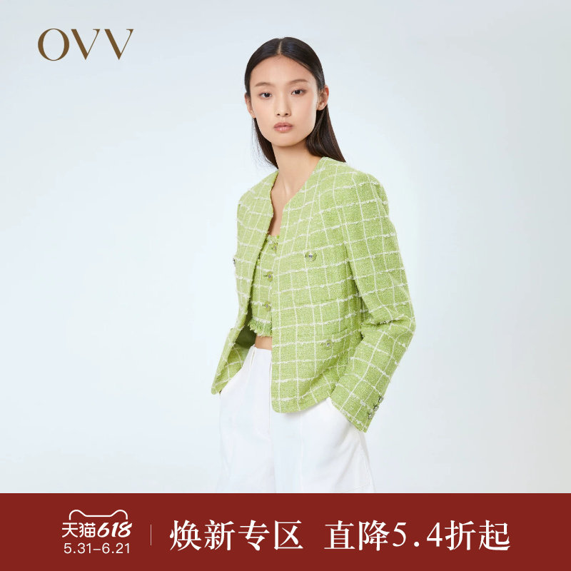 【经典粗花呢】OVV春夏热卖女V领格纹夹克外套