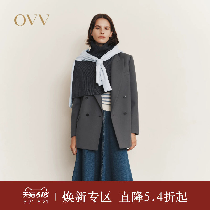 OVV2025秋冬新款女装戗驳领斜纹肌理挺括羊毛休闲西服