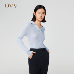 女装 针织衫 丝棉经典 POLO领不规则罗纹长袖 款 OVVOutlet秋冬新款